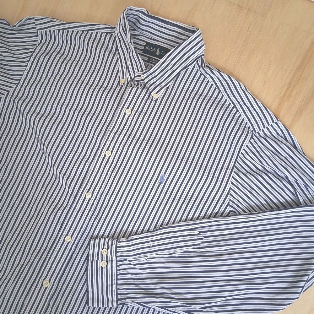 Ralph Lauren Shirt Mens XL 17 Classic Fit Long Slv Button Down Striped Blue